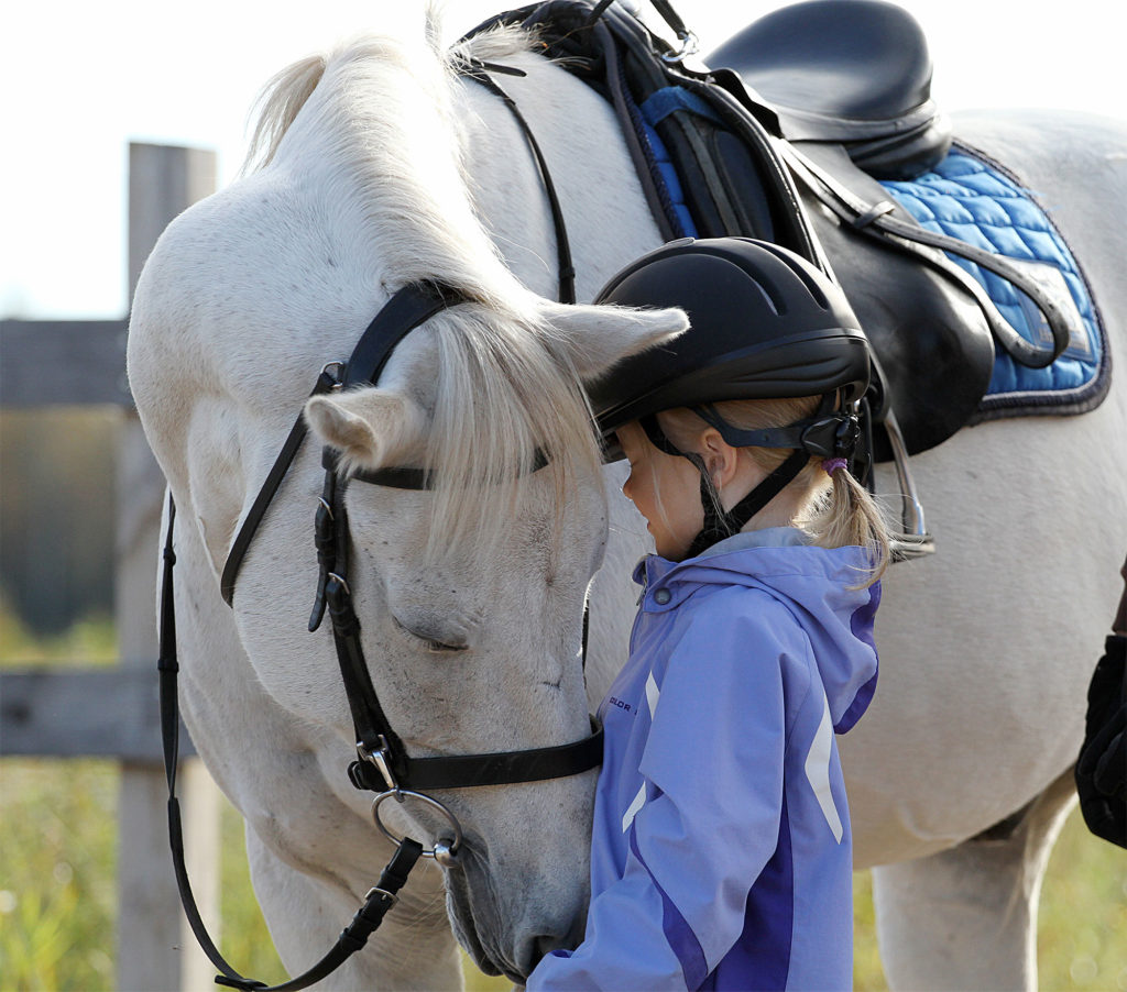 Rauhallinen valkoinen hevonen yhdessä tytön kanssa.